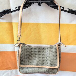 Nine West Shoulder Bag Monogram Gray Taupe Tan Purse Gold Tone Hardware Y2K